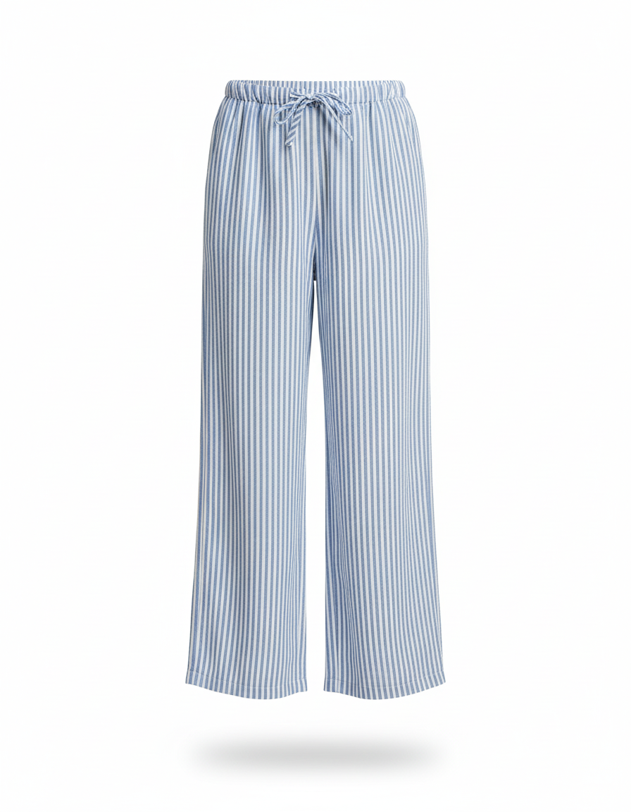 Pantalon En Lin Rayé Bleu Blanc Fluide Décontracté Fille - vue 2