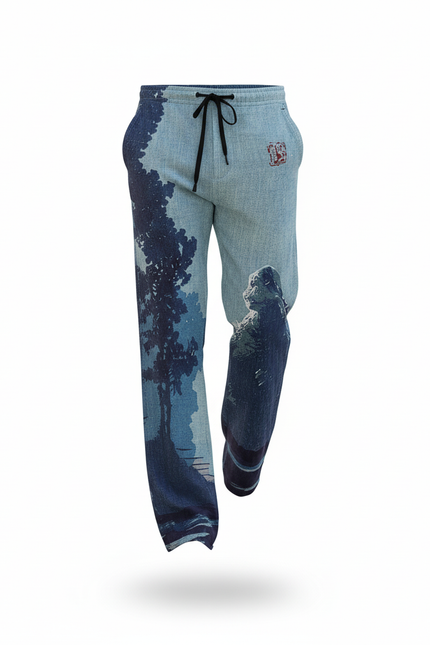 Pantalon En Lin Imprimé Japonais Ample Décontracté Homme - vue 3