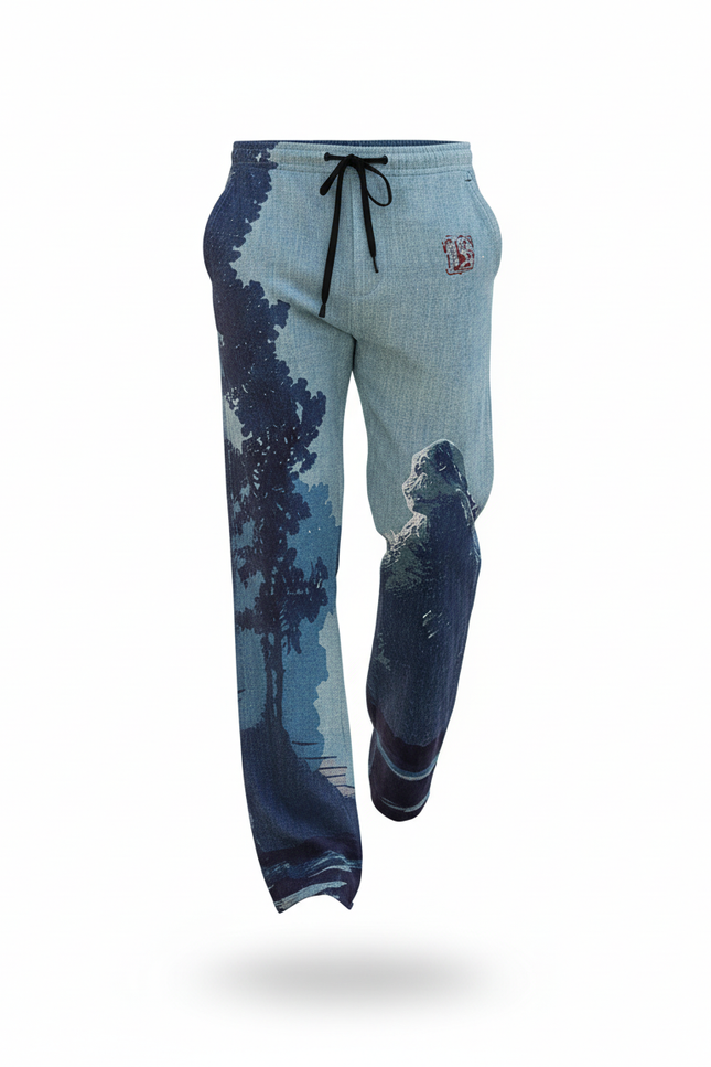 Pantalon En Lin Imprimé Japonais Ample Décontracté Homme - vue 3