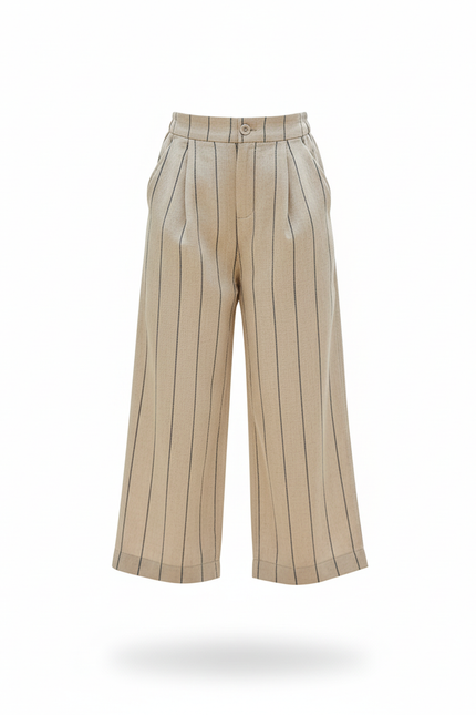 Pantalon En Lin Beige Rayé Ample Droit Enfant - vue 3