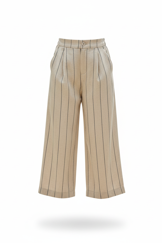 Pantalon En Lin Beige Rayé Ample Droit Enfant - vue 3