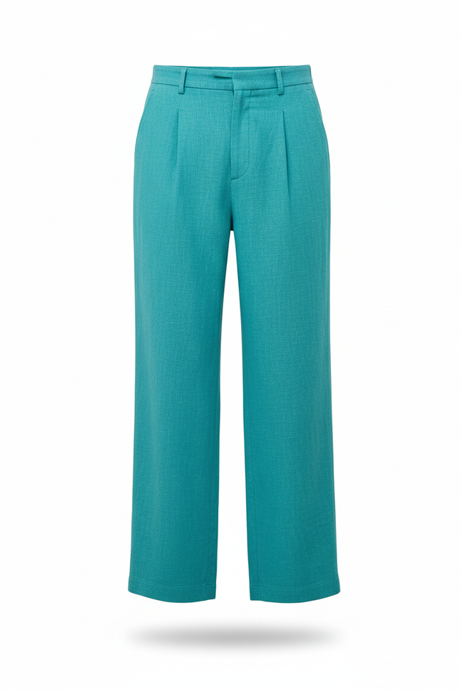 Pantalon En Lin Turquoise Ample Décontracté Plissé Homme - Vert - vue 3