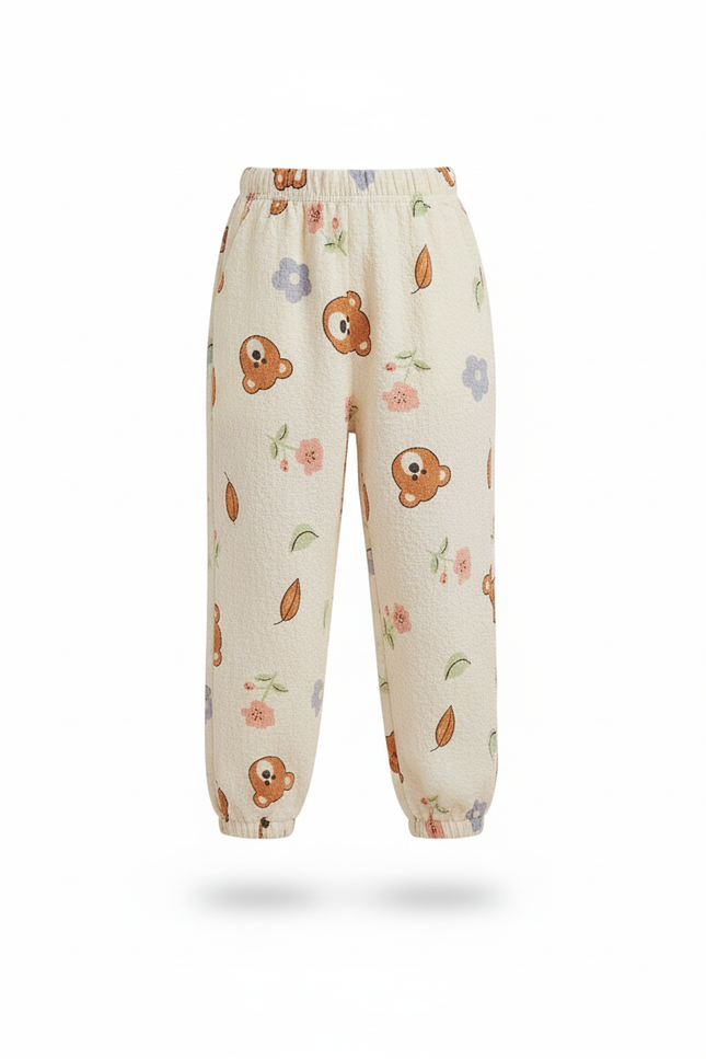 Pantalon En Lin Écru Imprimé Oursons Fleuri Ample Fille - vue 3