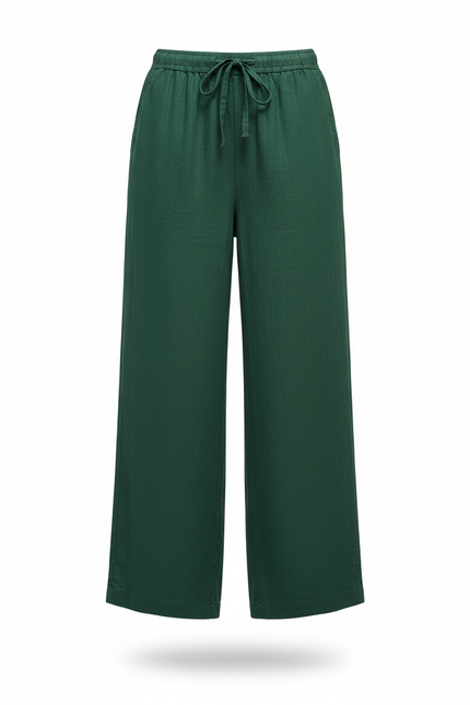 Pantalon En Lin Vert Ample Fluide Cordon Femme - vue 3