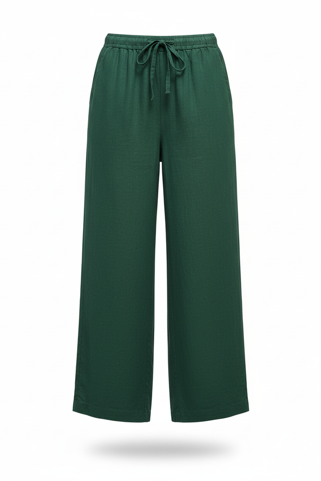 Pantalon En Lin Vert Ample Fluide Cordon Femme - vue 3