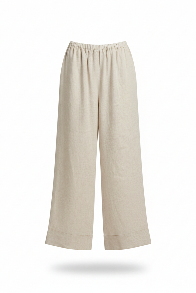 Pantalon En Lin Ample Fluide Taille Haute Beige - vue 3