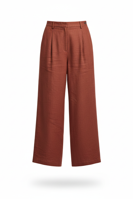 Pantalon En Lin Terre Cuite Ample Plissé Décontracté Femme - Rouge - vue 3