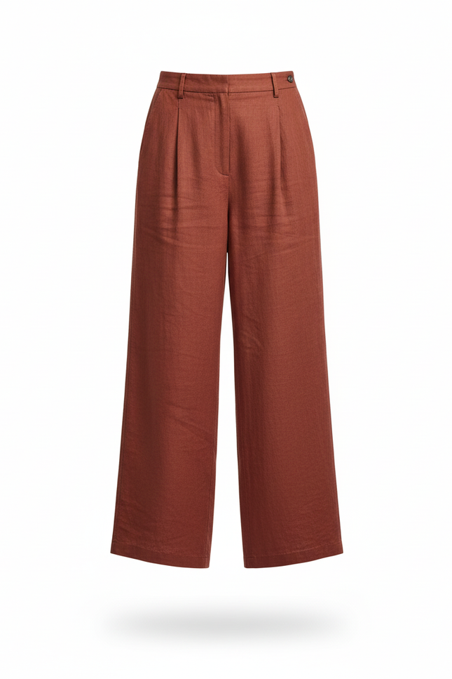 Pantalon En Lin Terre Cuite Ample Plissé Décontracté Femme - Rouge - vue 3