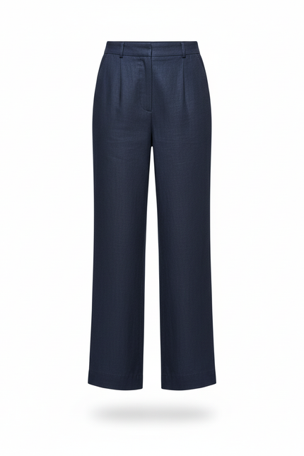 Pantalon En Lin Bleu Marine Ample Taille Haute Fluide - vue 3