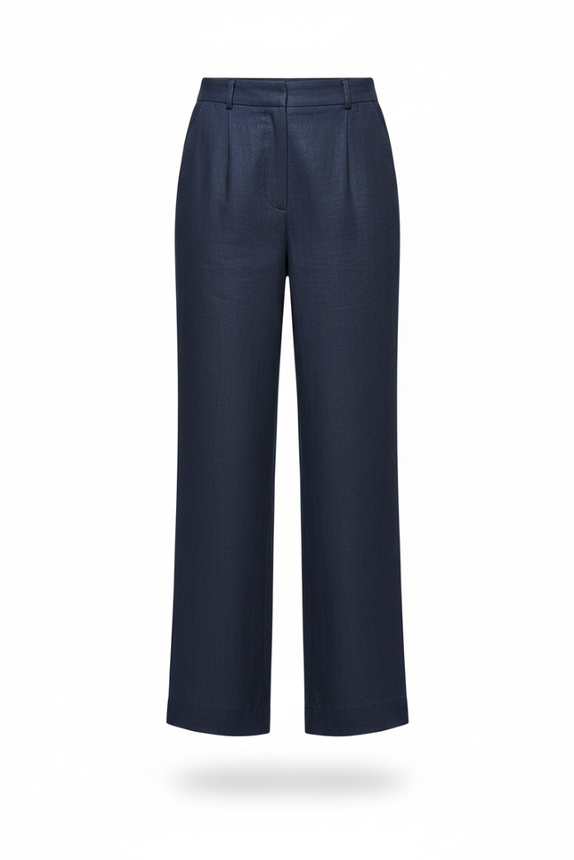 Pantalon En Lin Bleu Marine Ample Taille Haute Fluide - vue 3