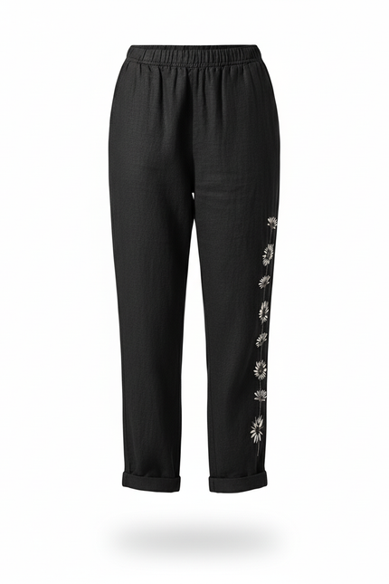 Pantalon En Lin Noir Brodé Floral Décontracté Élégant - vue 3