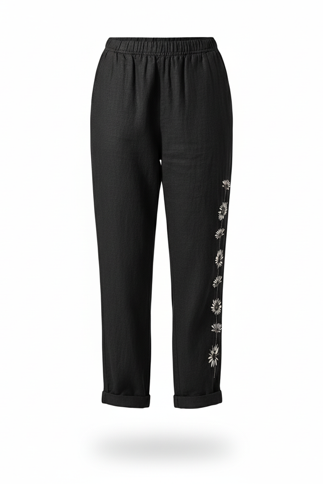 Pantalon En Lin Noir Brodé Floral Décontracté Élégant - vue 3