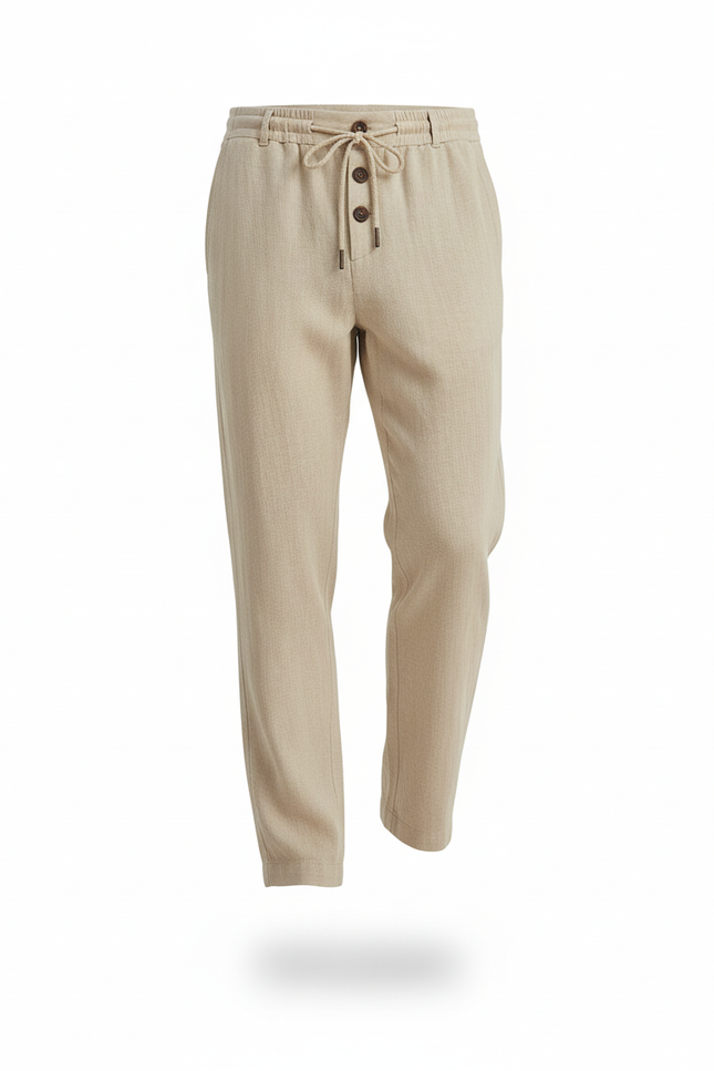 Pantalon En Lin Beige Ample Décontracté Léger Cordon - vue 3