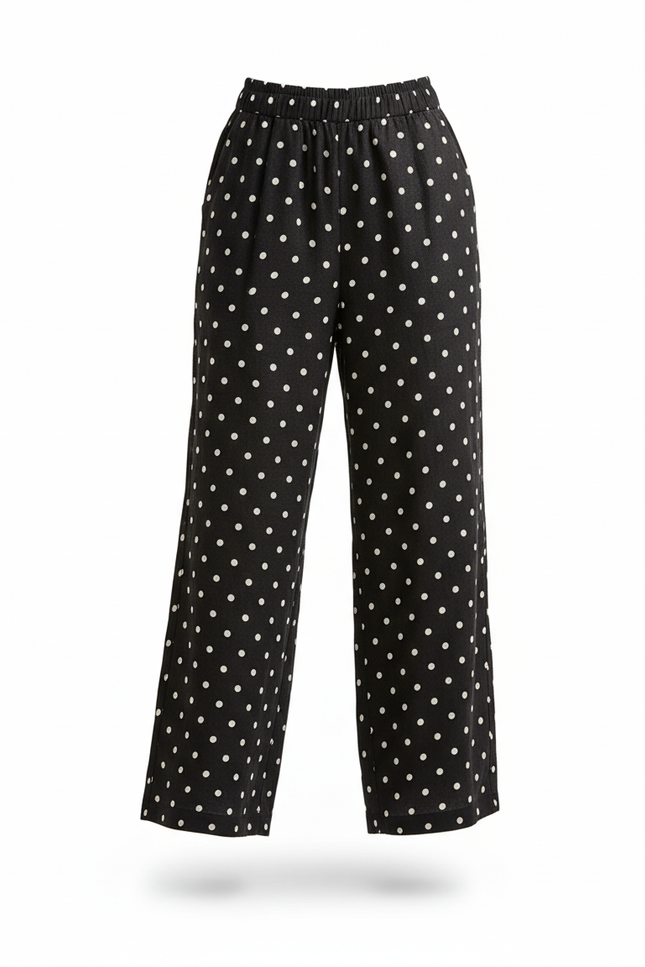 Pantalon En Lin Noir À Pois Fluide Décontracté - vue 3