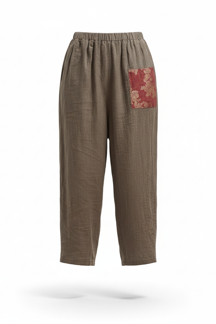 Pantalon En Lin Ample Marron Décontracté Patchwork Bohème - vue 3