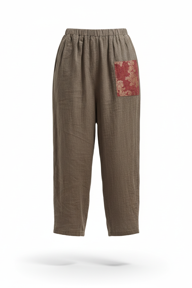 Pantalon En Lin Ample Marron Décontracté Patchwork Bohème - vue 3