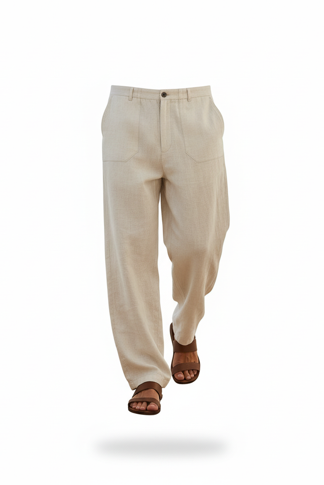 Pantalon En Lin Ample Écru Décontracté Homme - Beige - vue 3