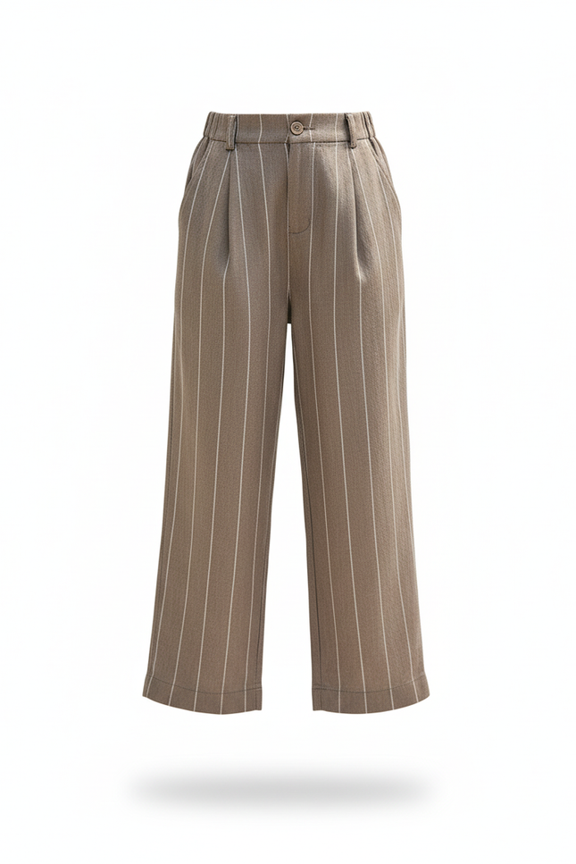Pantalon En Lin Rayé Marron Ample Droit Décontracté - vue 3