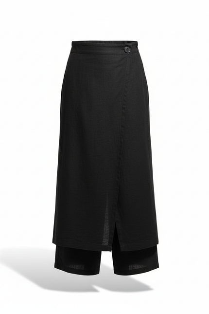 Pantalon En Lin Noir Ample Superposé Fendu Élégant - vue 3
