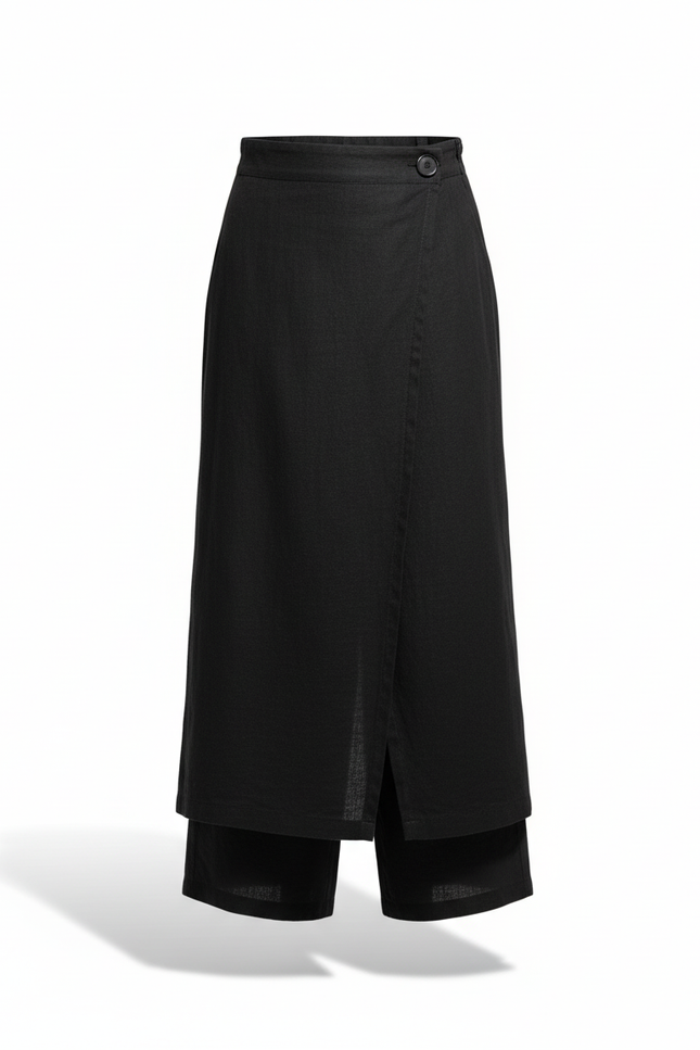 Pantalon En Lin Noir Ample Superposé Fendu Élégant - vue 3