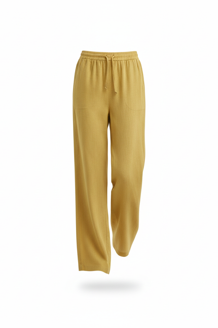 Pantalon En Lin Jaune Ample Taille Élastique - vue 3