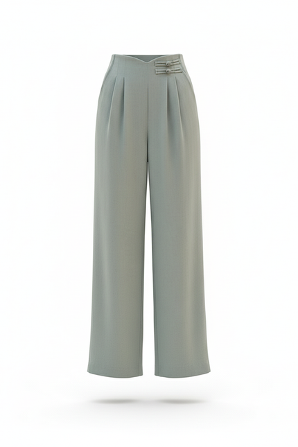 Pantalon En Lin Ample Fluide Taille Haute Élégant - Vert - vue 3