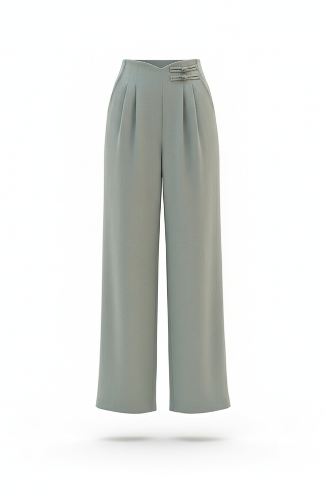 Pantalon En Lin Ample Fluide Taille Haute Élégant - Vert - vue 3