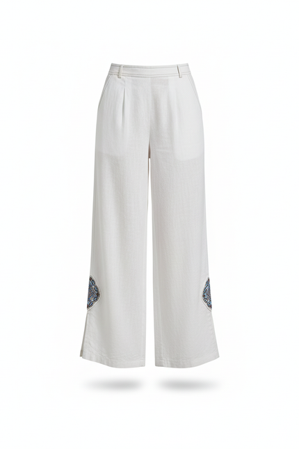 Pantalon En Lin Blanc Ample Brodé Fendu Décontracté - vue 3