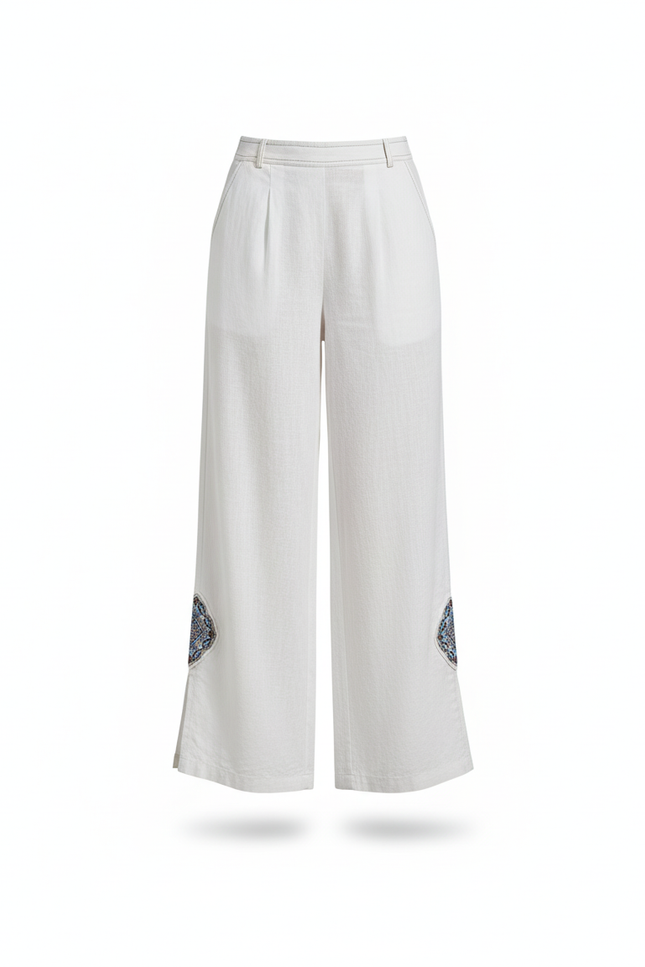 Pantalon En Lin Blanc Ample Brodé Fendu Décontracté - vue 3