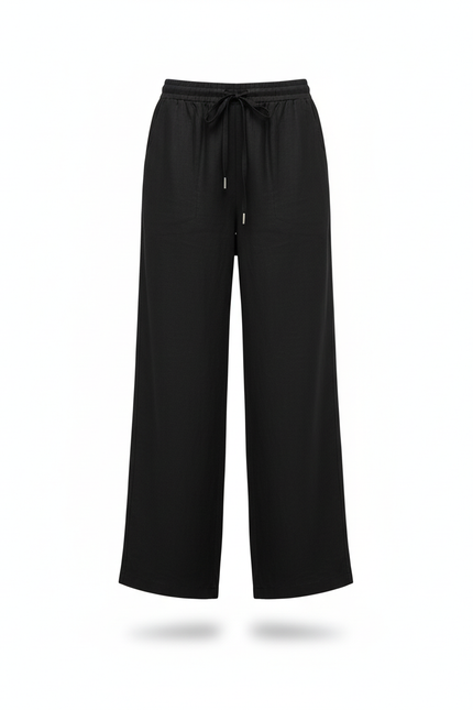 Pantalon En Lin Noir Ample Fluide Cordon Décontracté - vue 3