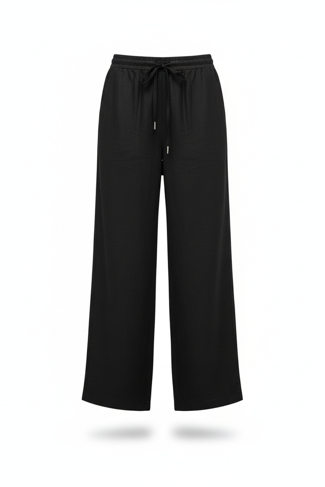 Pantalon En Lin Noir Ample Fluide Cordon Décontracté - vue 3