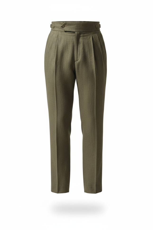 Pantalon En Lin Vert Foncé Plissé Droit Élégant Homme - vue 3