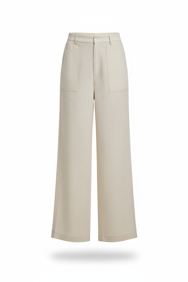 Pantalon En Lin Écru Large Taille Haute Femme - Beige - vue 3