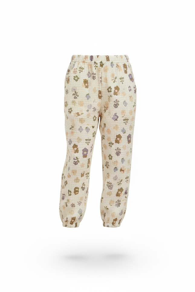 Pantalon En Lin Enfant Ample Fleuri Élastiqué Crème - Beige - vue 3