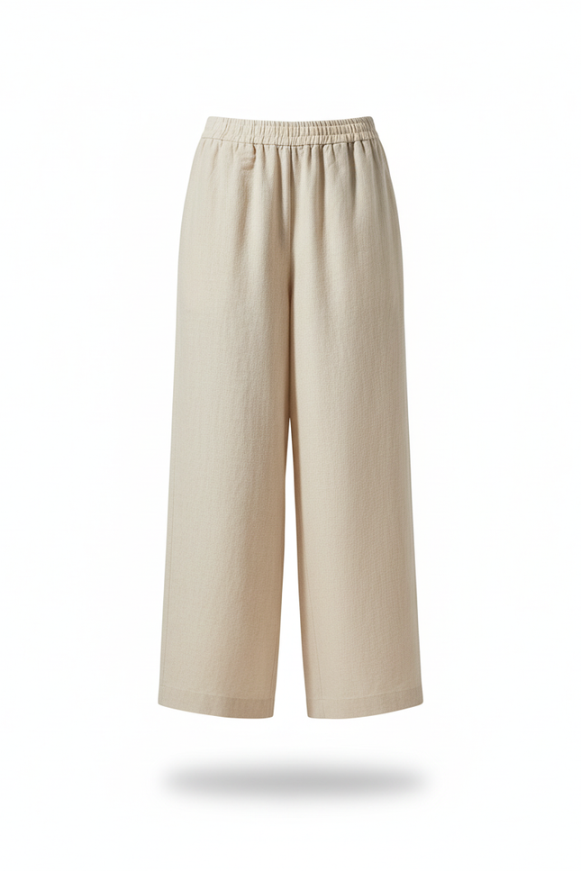 Pantalon En Lin Beige Ample Taille Élastique Fluide - vue 3