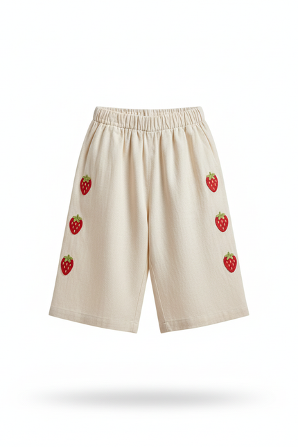Pantalon En Lin Écru Brodé Fraises Ample Estival - Beige - vue 3