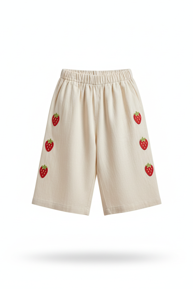 Pantalon En Lin Écru Brodé Fraises Ample Estival - Beige - vue 3
