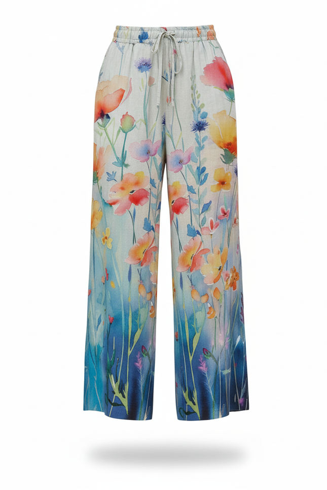 Pantalon En Lin Fluide Imprimé Floral Coloré Ample Décontracté - Multicolore - vue 3