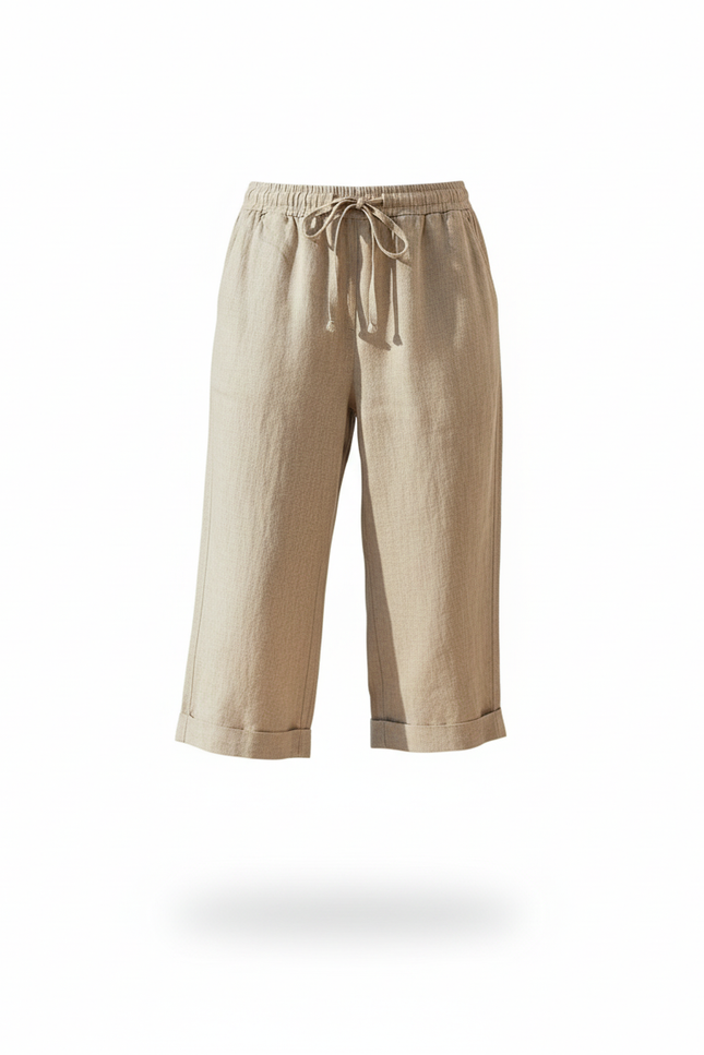 Pantalon En Lin Beige Court Décontracté Cordon Femme - vue 3