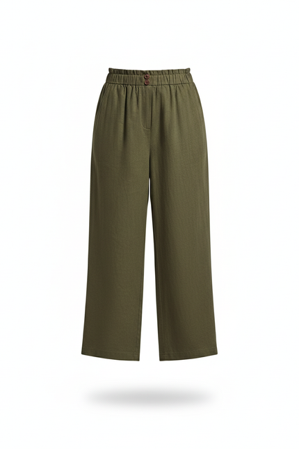 Pantalon En Lin Vert Ample Taille Haute Casual - Kaki - vue 3