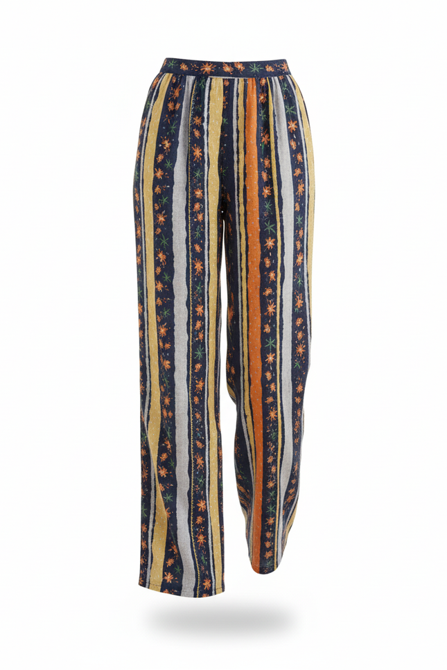 Pantalon En Lin Rayé Fleuri Ample Fluide Estival - Multicolore - vue 3