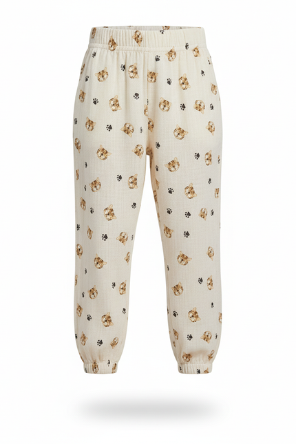 Pantalon En Lin Crème Ample Motif Ours Enfant - Beige - vue 3