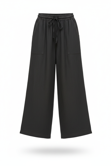 Pantalon En Lin Noir Ample Élastiqué Décontracté Fluide - vue 3