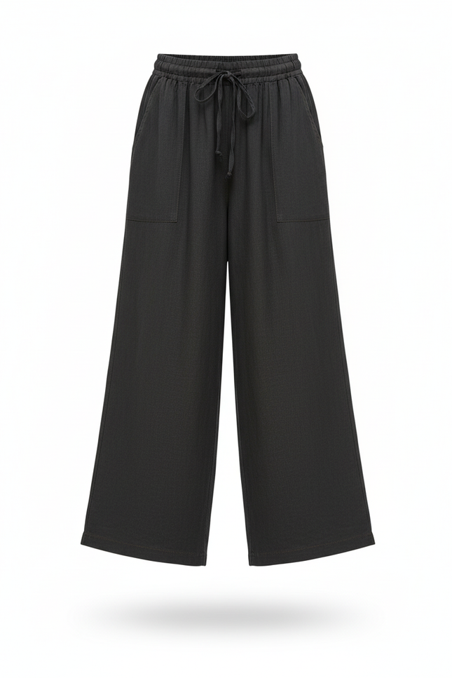 Pantalon En Lin Noir Ample Élastiqué Décontracté Fluide - vue 3