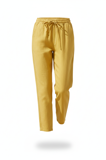 Pantalon En Lin Jaune Ample Cordon Décontracté Femme - vue 3