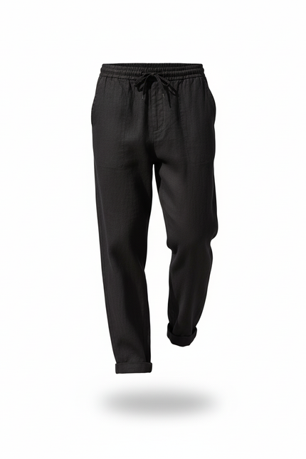 Pantalon En Lin Noir Ample Décontracté Léger Cordon - vue 3