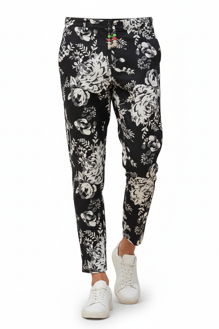 Pantalon En Lin Noir Imprimé Floral Cheville Homme - vue 3