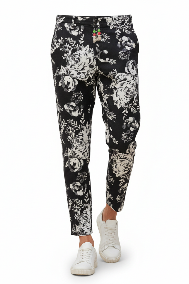 Pantalon En Lin Noir Imprimé Floral Cheville Homme - vue 3