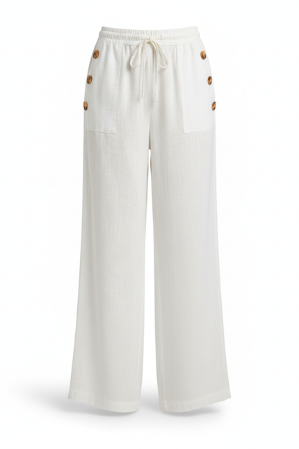Pantalon En Lin Blanc Ample Fluide Boutons Décontracté - vue 3