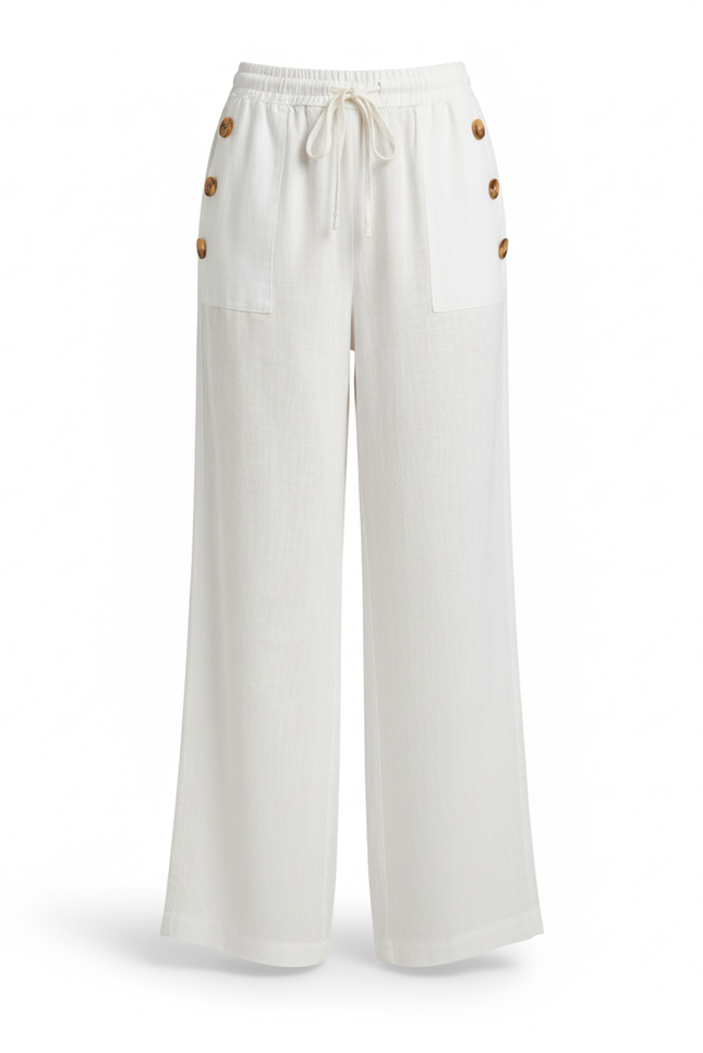 Pantalon En Lin Blanc Ample Fluide Boutons Décontracté - vue 3